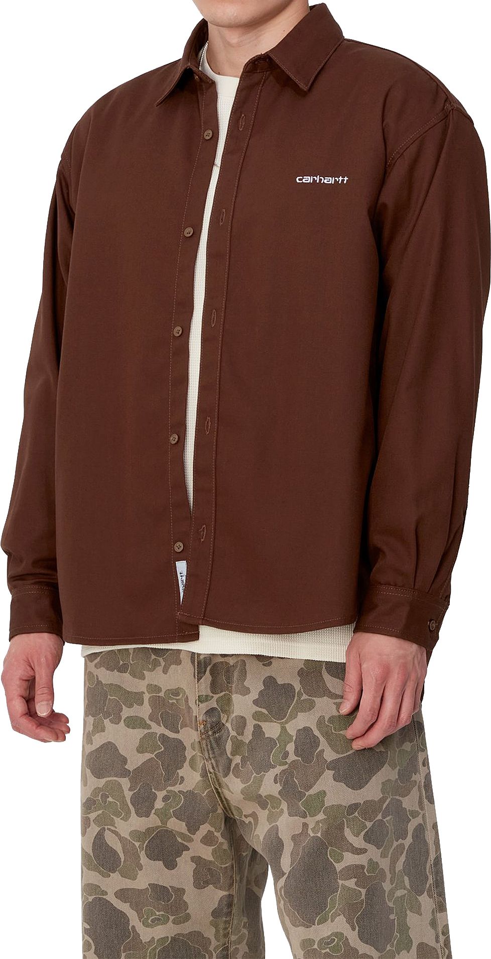 Carhartt Wip Camicia L/s Module Script Shirt Offroad White Rigid Marrone Uomo - 3