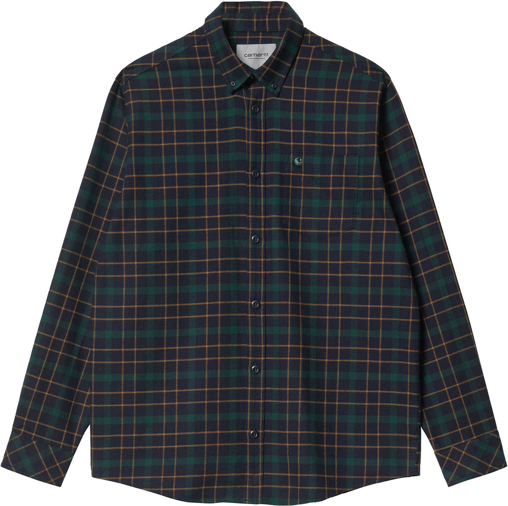 Carhartt Wip Camicia L/s Baxter Shirt Check Dark Navy Grove Blu Verde Uomo - 1