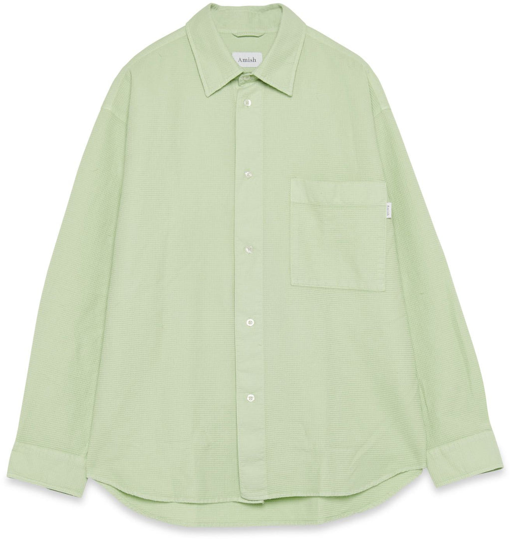 Amish Camicia Dropped Shirt Unisex Organic Waffle Dyed Pale Green Verde Uomo - 1