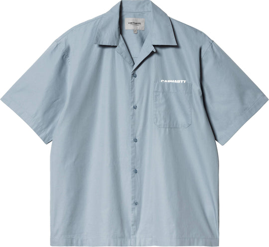  Carhartt Wip Camicia S/s Link Script Shirt Frosted Blue White Uomo