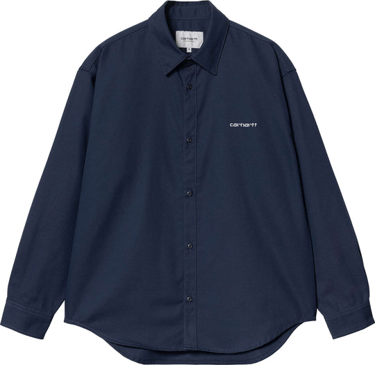  Carhartt Wip Camicia L/s Module Script Shirt Air Force Blue White Rigid Uomo