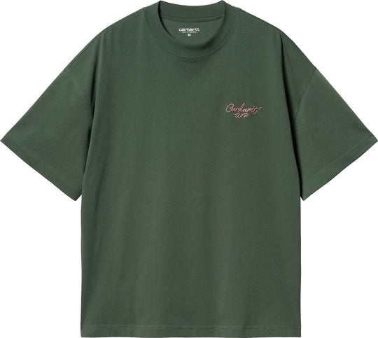  Carhartt Wip T-shirt S/s Signature Script Tee Sycamore Tree Dusty Rose Uomo Verde