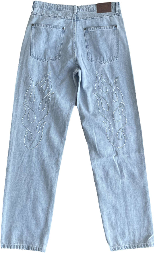  Karl Kani Jeans Og Baggy Five Pocket Flames Denim Bleached Blue Uomo Bleachedblue