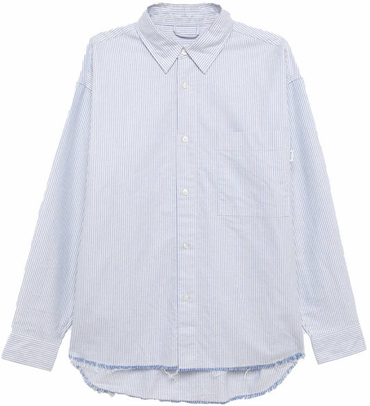 Amish Camicia Dropped Raw Edge Oxford Stripe Washed White Blue Uomo Whiteblue