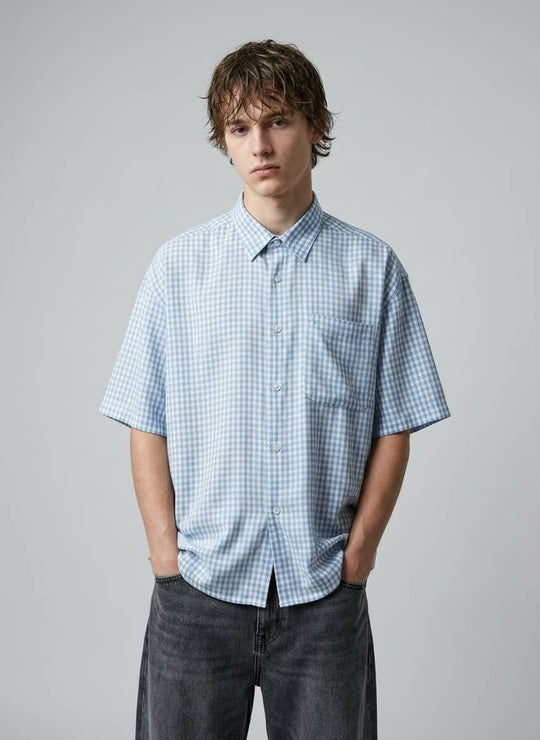  A.u.r.a.s. Camicia Crop Quadratini Celeste Uomo