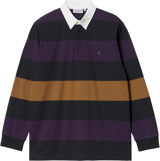  Carhartt Wip T-shirt L/s Hansen Rugby Polo Hansen Stripe Black Wax Uomo Nero