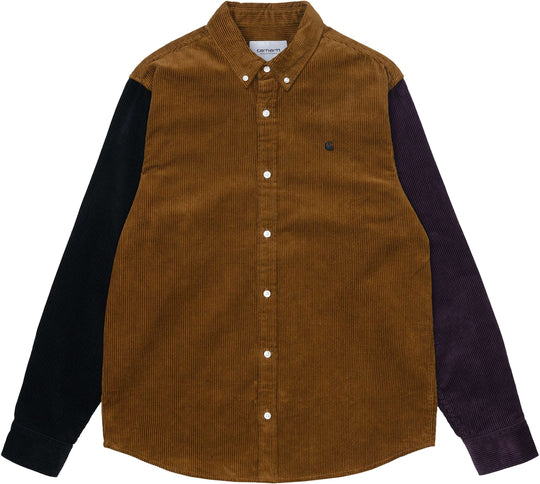  Carhartt Wip Camicia L/s Triple Madison Cord Shirt Tawny Black Dark Iris Uomo Arancione