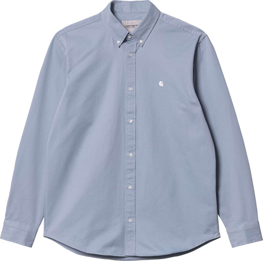  Carhartt Wip Camicia L/s Madison Shirt Frosted Blue White Uomo