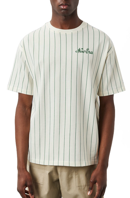  New Era T-shirt Oversized Pinstripe Tee Off White Green Bianco Uomo - 1