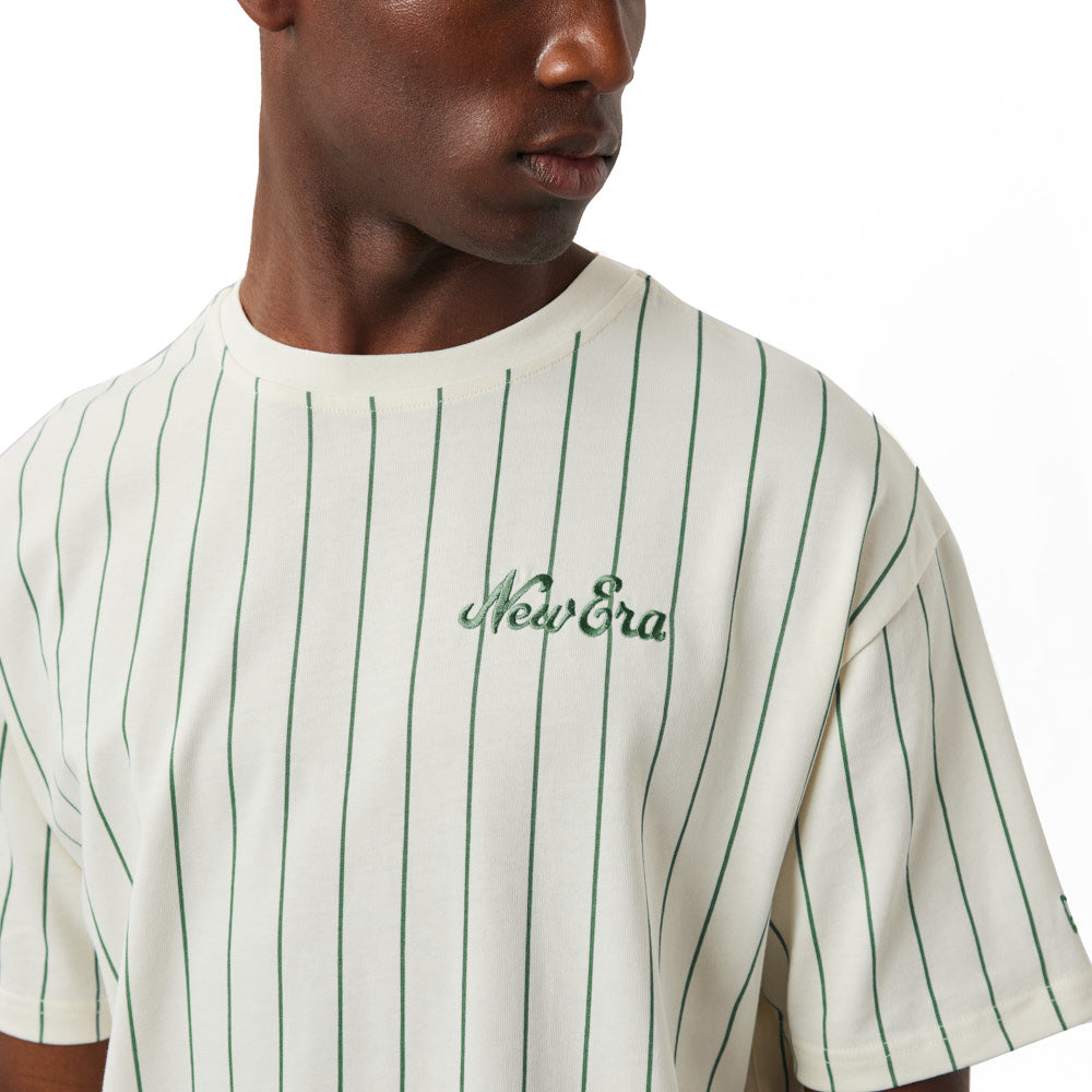  New Era T-shirt Oversized Pinstripe Tee Off White Green Bianco Uomo - 3