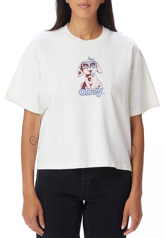  Obey T-shirt Mini Puppy Custom Crop Tee Unbleached Donna Bianco