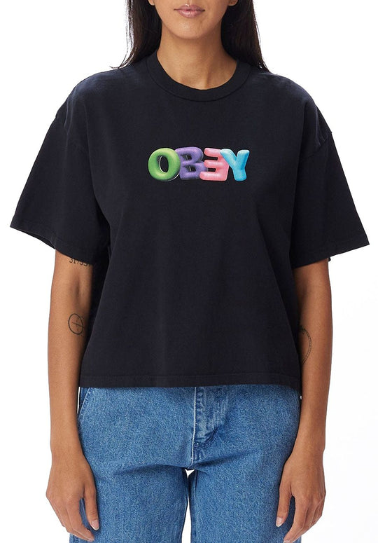  Obey T-shirt Bubble Custom Crop Tee Off Black Donna Nero
