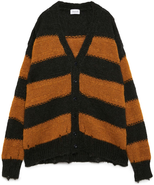  Amish Cardigan Mohair Stripe Charcoal Duck Uomo Marrone