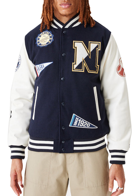  New Era Giacca Varsity Heritage All Over Patch Jacket Blu Navy Uomo Blue