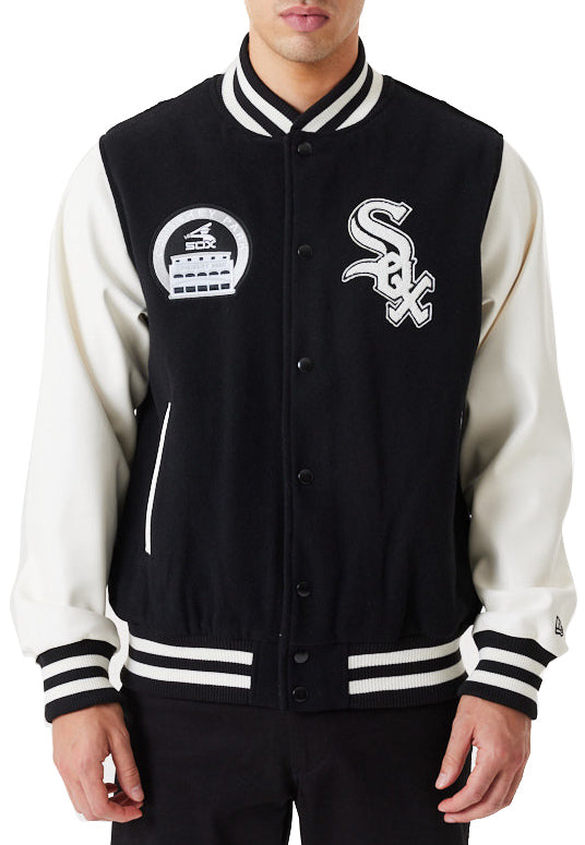  New Era Giacca Varsity Chicago White Sox Mlb Heritage Jacket Black Uomo Nero