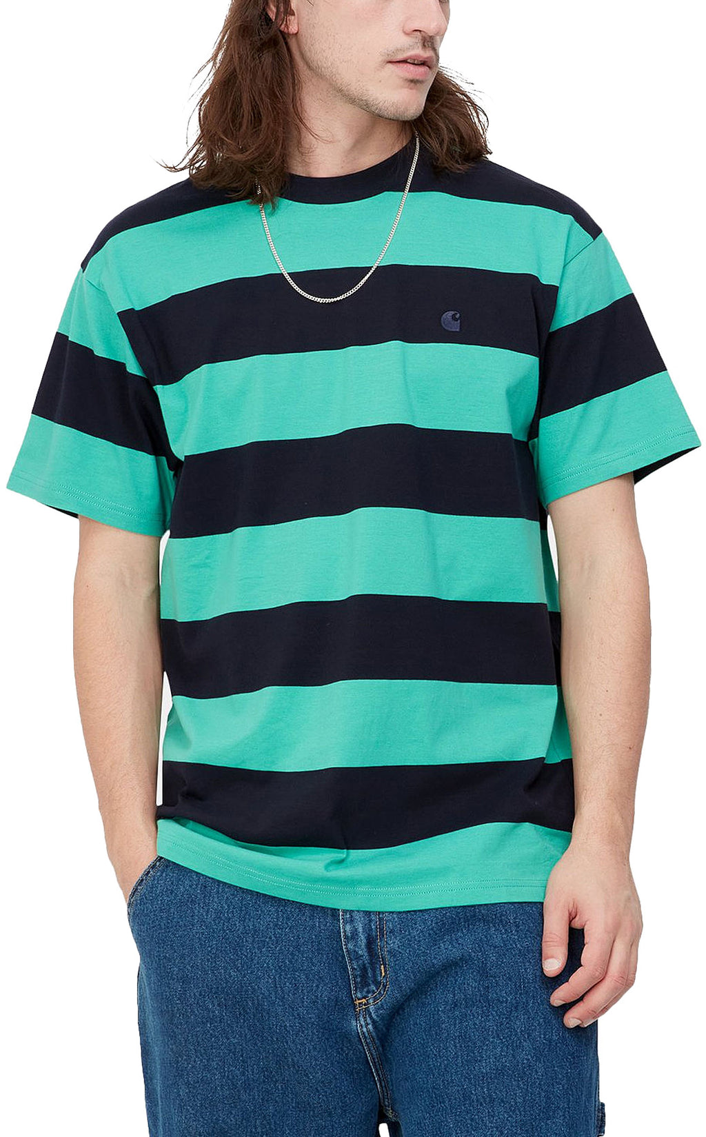  Carhartt Wip T-shirt S/s Dampier Stripe Tee Dark Navy Aqua Green Multicolore Uomo - 3