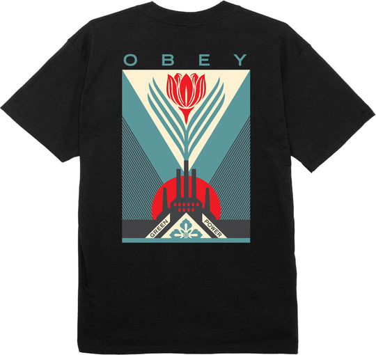  Obey T-shirt Green Power Factory Classic Tee Black Uomo Nero