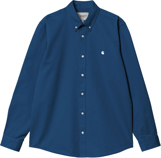 Carhartt Wip Camicia L/s Madison Shirt Elder White Uomo Blue